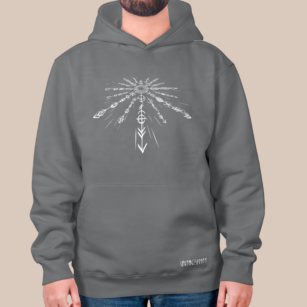 Vegvísir Viking Compass Rune Radiant Totem 550g Heavyweight Cotton Hoodie, Norse Amulet Pullover with Kangaroo Pocket, Unisex All-Ages Sweatshirt, Viking Spirit Runes on Hem-Viking Spirit