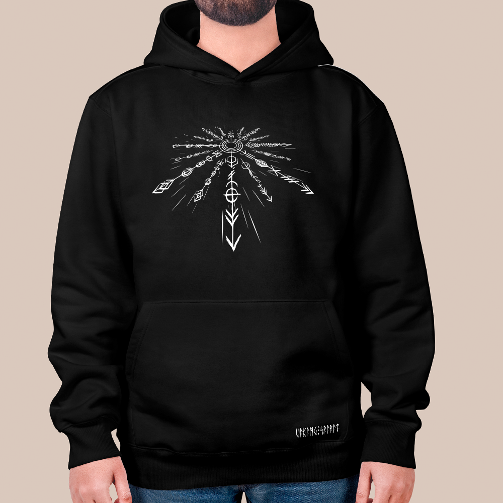 Vegvísir Viking Compass Rune Radiant Totem 550g Heavyweight Cotton Hoodie, Norse Amulet Pullover with Kangaroo Pocket, Unisex All-Ages Sweatshirt, Viking Spirit Runes on Hem-Viking Spirit