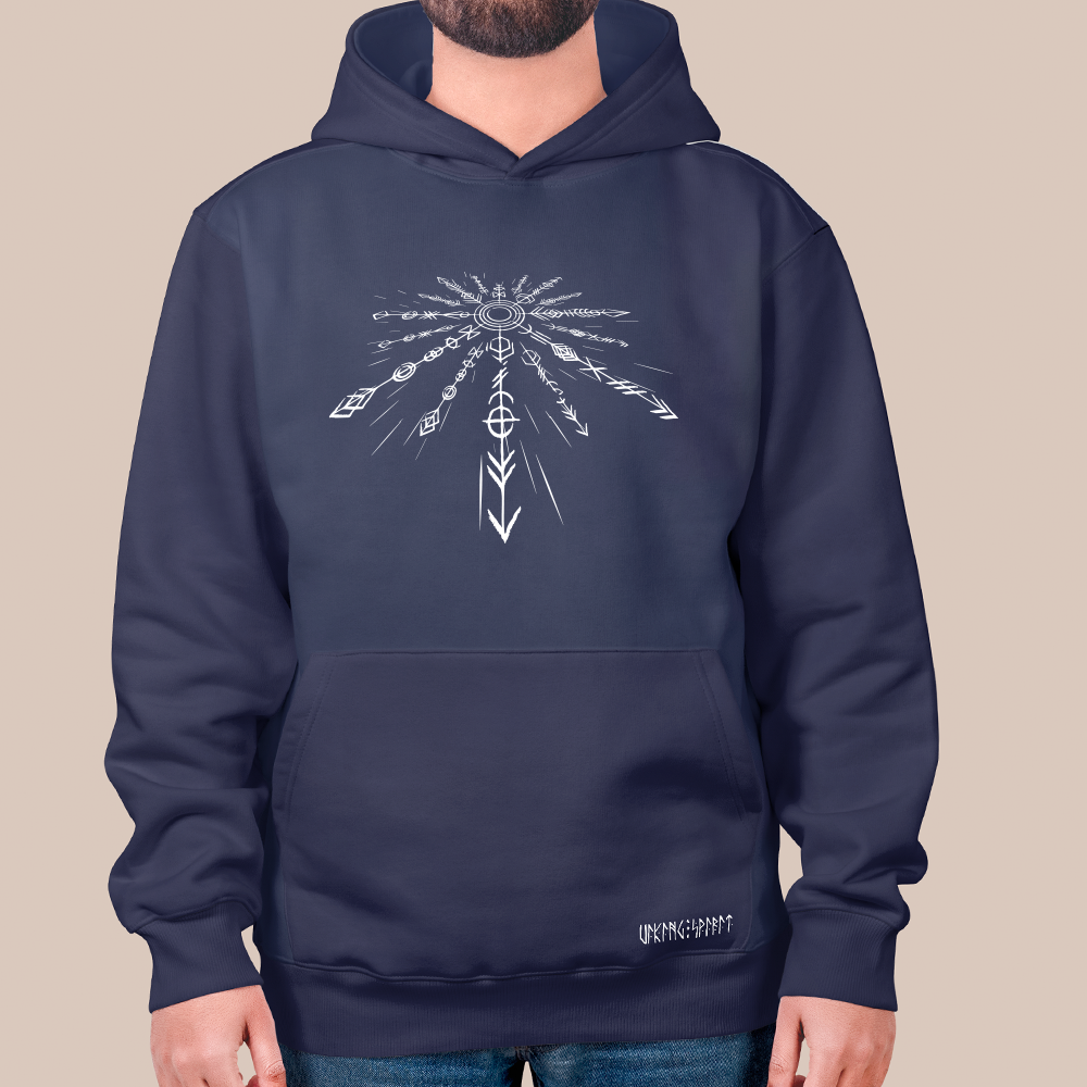 Vegvísir Viking Compass Rune Radiant Totem 550g Heavyweight Cotton Hoodie, Norse Amulet Pullover with Kangaroo Pocket, Unisex All-Ages Sweatshirt, Viking Spirit Runes on Hem-Viking Spirit