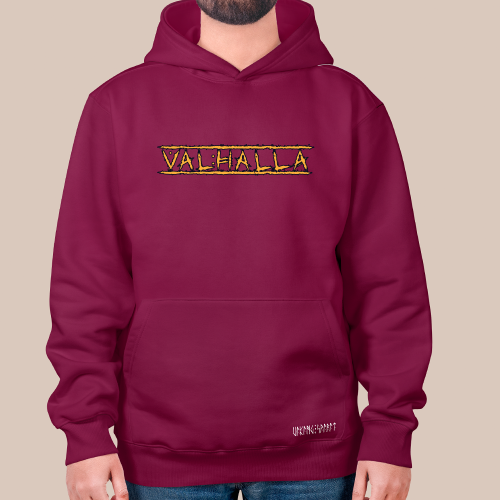 Valhalla Viking Hall of Heroes Text Print 550g Heavyweight Cotton Hoodie, Norse Mythology Pullover with Kangaroo Pocket, Unisex All-Ages Sweatshirt, Viking Spirit Runes on Hem-Viking Spirit