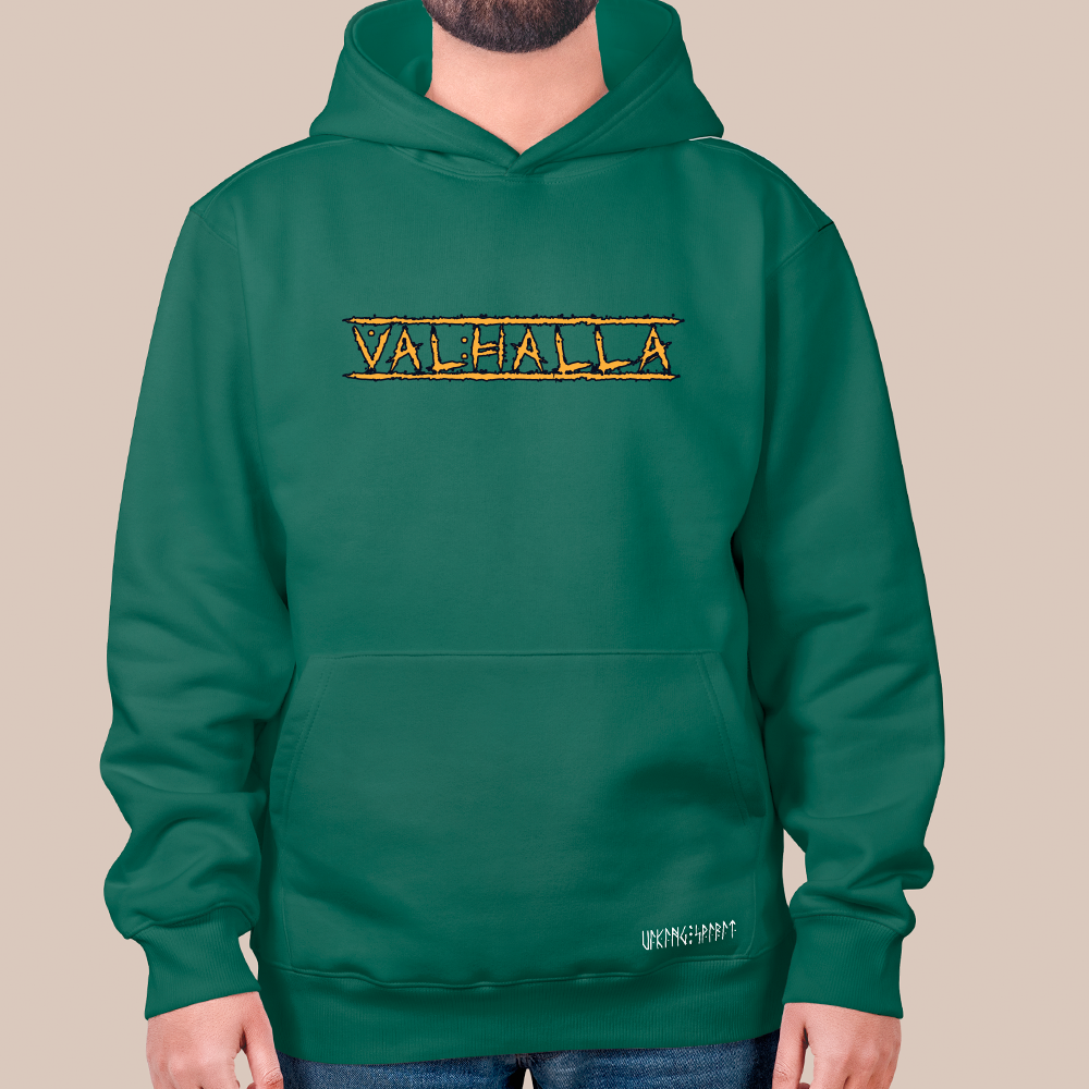 Valhalla Viking Hall of Heroes Text Print 550g Heavyweight Cotton Hoodie, Norse Mythology Pullover with Kangaroo Pocket, Unisex All-Ages Sweatshirt, Viking Spirit Runes on Hem-Viking Spirit