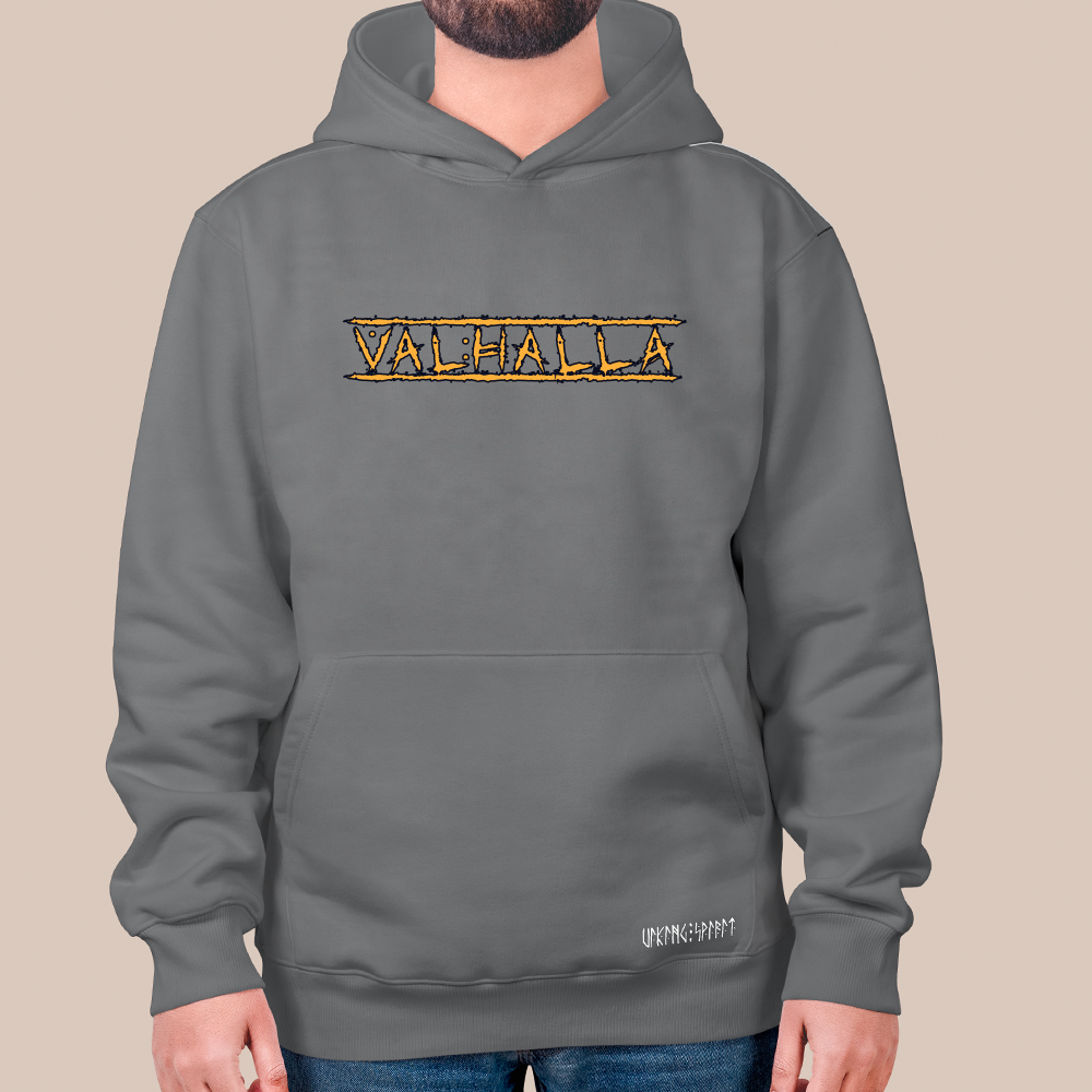 Valhalla Viking Hall of Heroes Text Print 550g Heavyweight Cotton Hoodie, Norse Mythology Pullover with Kangaroo Pocket, Unisex All-Ages Sweatshirt, Viking Spirit Runes on Hem-Viking Spirit