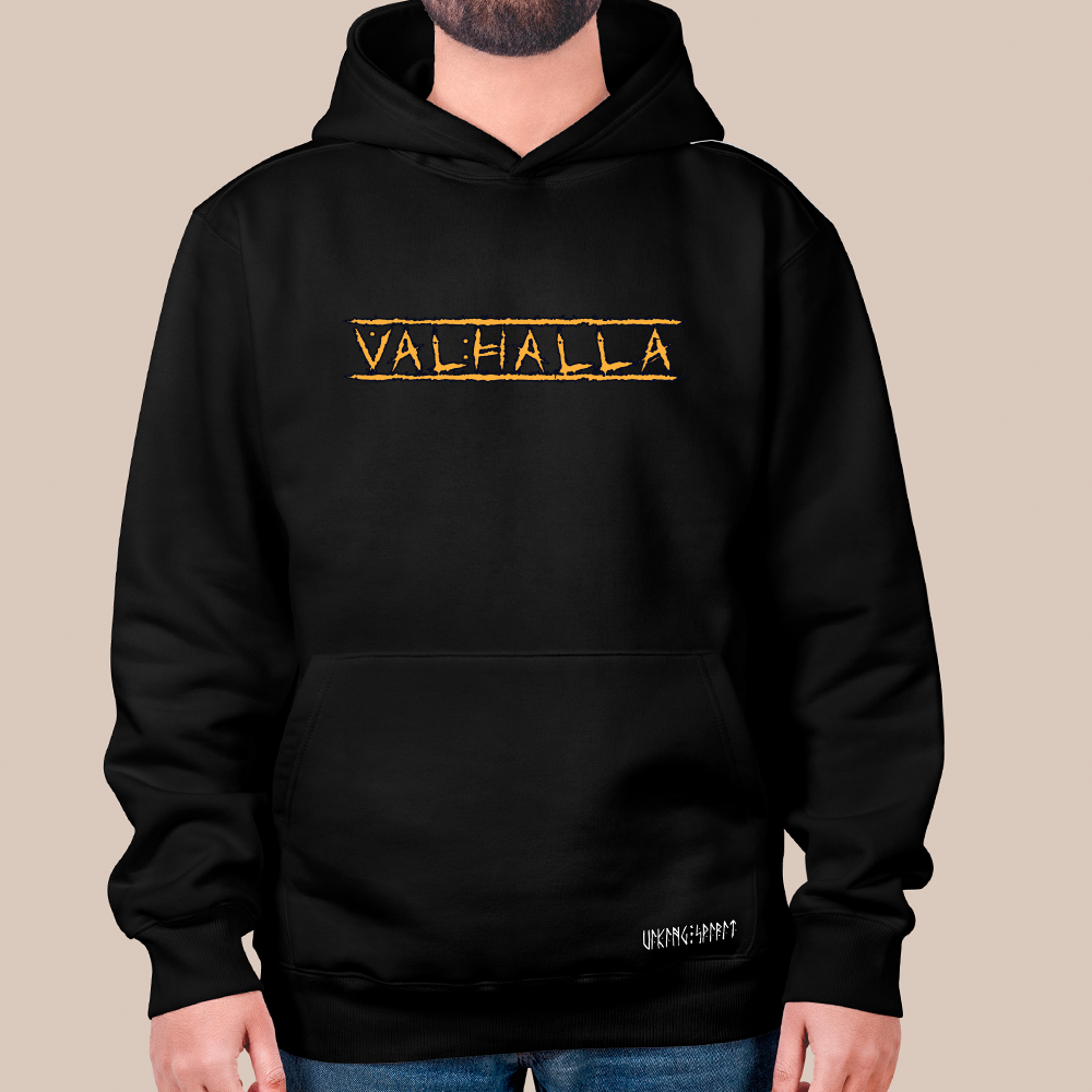 Valhalla Viking Hall of Heroes Text Print 550g Heavyweight Cotton Hoodie, Norse Mythology Pullover with Kangaroo Pocket, Unisex All-Ages Sweatshirt, Viking Spirit Runes on Hem-Viking Spirit