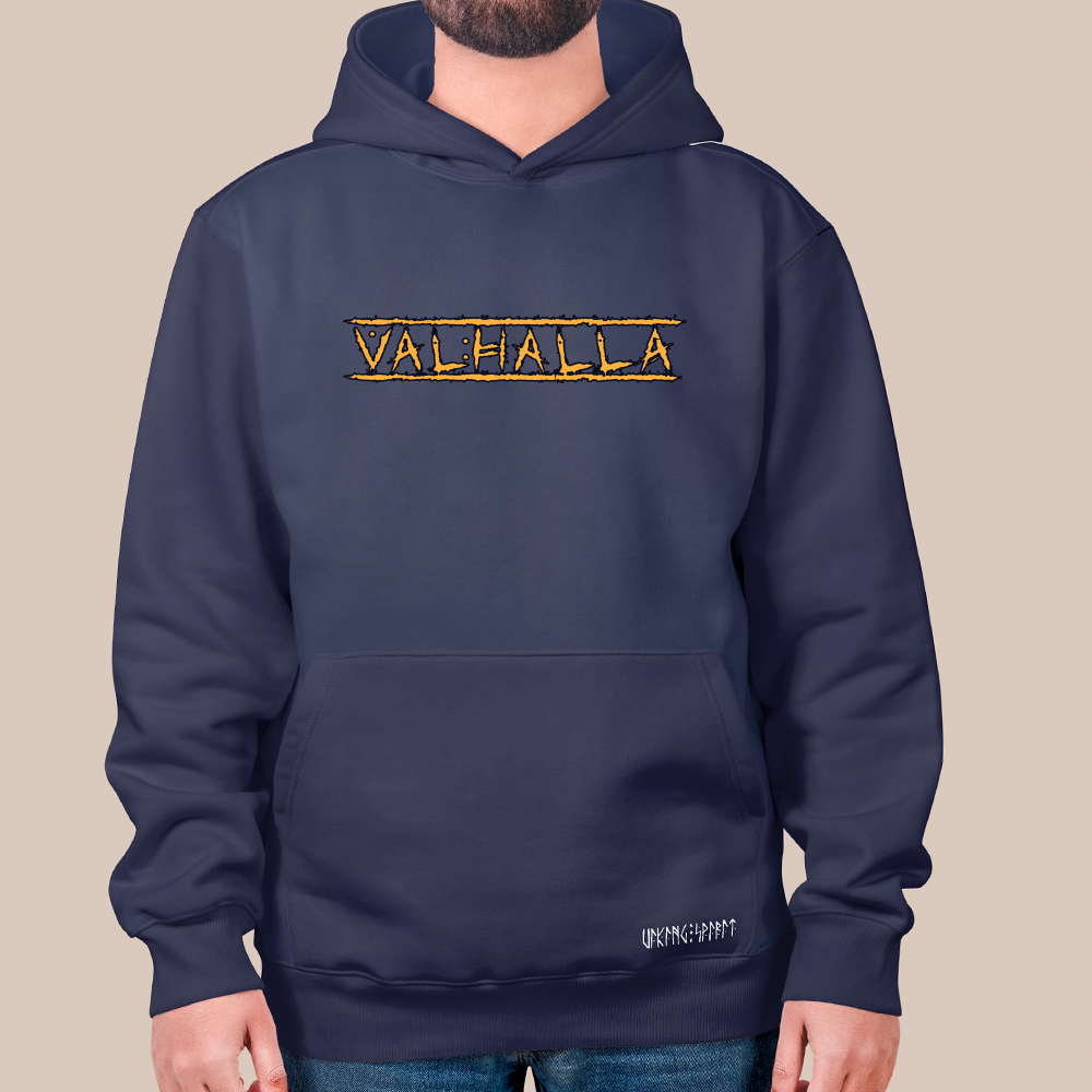 Valhalla Viking Hall of Heroes Text Print 550g Heavyweight Cotton Hoodie, Norse Mythology Pullover with Kangaroo Pocket, Unisex All-Ages Sweatshirt, Viking Spirit Runes on Hem-Viking Spirit