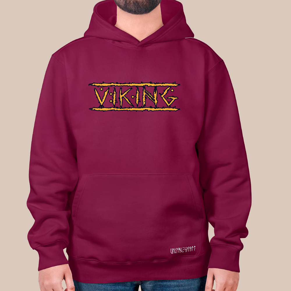Viking Text with Thorn Border 550g Heavyweight Cotton Hoodie, Norse Culture Pullover with Kangaroo Pocket, Unisex All-Ages Sweatshirt, Viking Spirit Runes on Hem-Viking Spirit