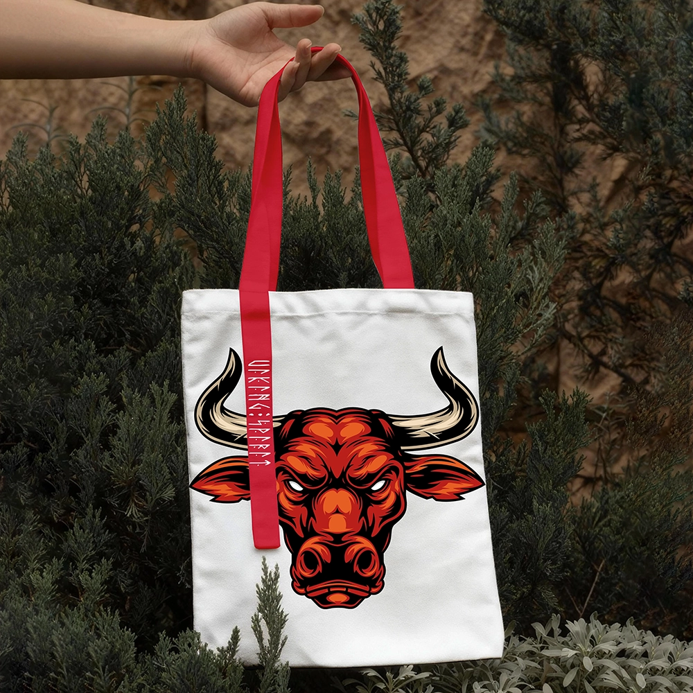 Viking Mythology Fierce Red Bull Head Cotton Canvas Tote Bag, Norse Power Totem Rune Heat‑Transfer Shoulder Handbag-Viking Spirit