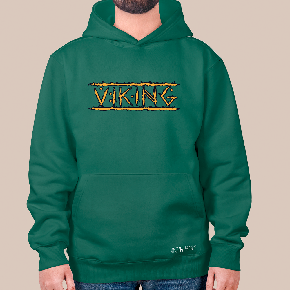 Viking Text with Thorn Border 550g Heavyweight Cotton Hoodie, Norse Culture Pullover with Kangaroo Pocket, Unisex All-Ages Sweatshirt, Viking Spirit Runes on Hem-Viking Spirit