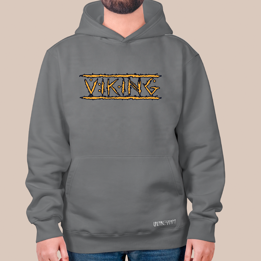 Viking Text with Thorn Border 550g Heavyweight Cotton Hoodie, Norse Culture Pullover with Kangaroo Pocket, Unisex All-Ages Sweatshirt, Viking Spirit Runes on Hem-Viking Spirit