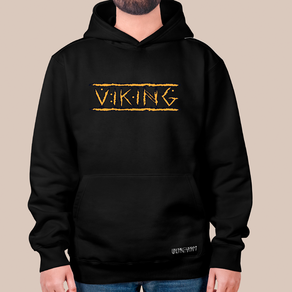Viking Text with Thorn Border 550g Heavyweight Cotton Hoodie, Norse Culture Pullover with Kangaroo Pocket, Unisex All-Ages Sweatshirt, Viking Spirit Runes on Hem-Viking Spirit