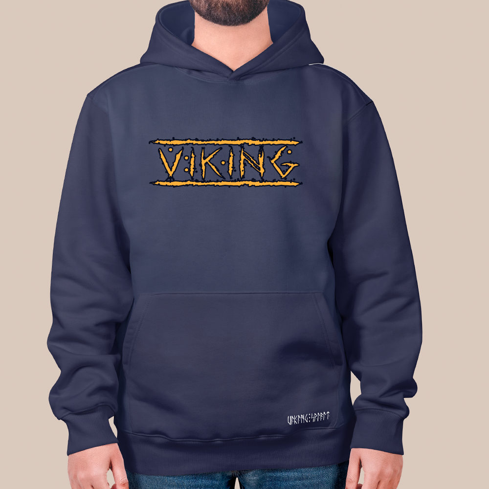 Viking Text with Thorn Border 550g Heavyweight Cotton Hoodie, Norse Culture Pullover with Kangaroo Pocket, Unisex All-Ages Sweatshirt, Viking Spirit Runes on Hem-Viking Spirit