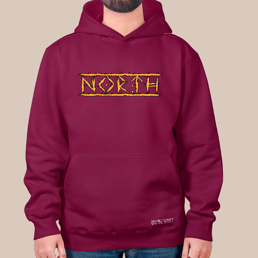 NORTH Thorn Border Text 550g Heavyweight Cotton Hoodie, Norse Homeland Pullover with Kangaroo Pocket, Unisex All-Ages Sweatshirt, Viking Spirit Runes on Hem-Viking Spirit