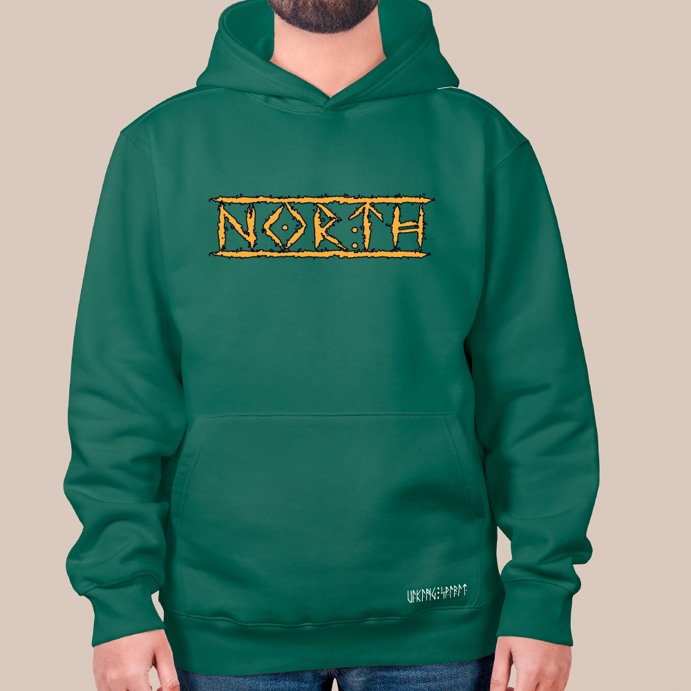 NORTH Thorn Border Text 550g Heavyweight Cotton Hoodie, Norse Homeland Pullover with Kangaroo Pocket, Unisex All-Ages Sweatshirt, Viking Spirit Runes on Hem-Viking Spirit