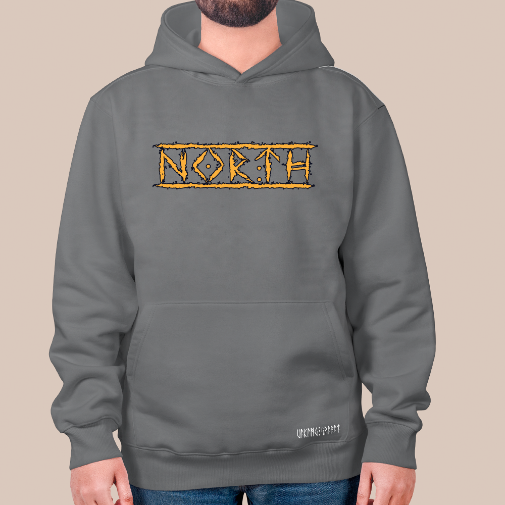 NORTH Thorn Border Text 550g Heavyweight Cotton Hoodie, Norse Homeland Pullover with Kangaroo Pocket, Unisex All-Ages Sweatshirt, Viking Spirit Runes on Hem-Viking Spirit