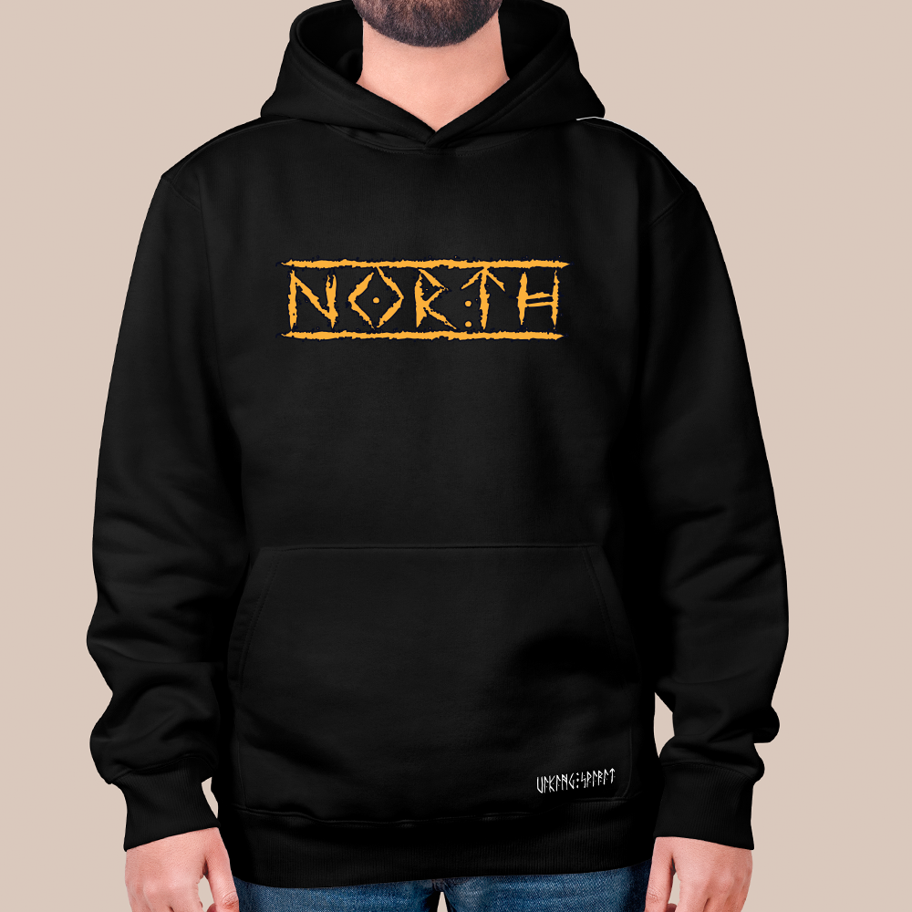 NORTH Thorn Border Text 550g Heavyweight Cotton Hoodie, Norse Homeland Pullover with Kangaroo Pocket, Unisex All-Ages Sweatshirt, Viking Spirit Runes on Hem-Viking Spirit