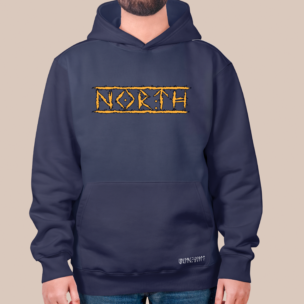 NORTH Thorn Border Text 550g Heavyweight Cotton Hoodie, Norse Homeland Pullover with Kangaroo Pocket, Unisex All-Ages Sweatshirt, Viking Spirit Runes on Hem-Viking Spirit