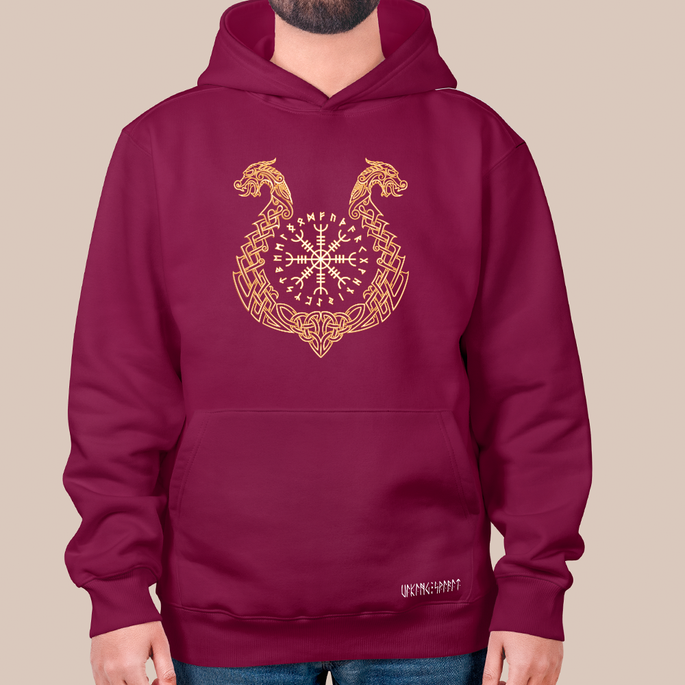 Viking Aegishjalmr Helm of Awe Hoodie, 550g Heavyweight Cotton Pullover with Dragon Celtic Knot, Unisex Kangaroo Pocket Sweatshirt, Viking Spirit Runes on Hem-Viking Spirit