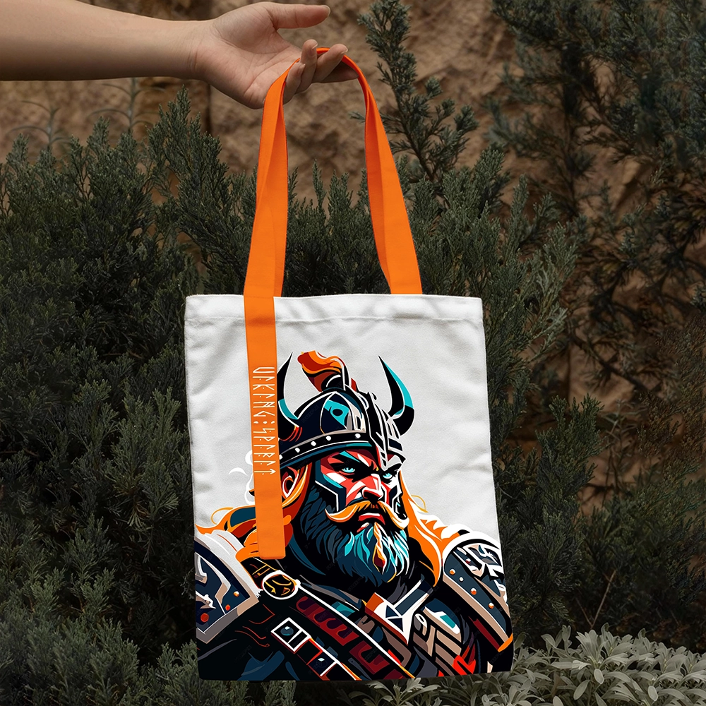 Armored Viking Warrior Cotton Canvas Tote Bag, Norse Armored Fighter Rune Heat‑Transfer Shoulder Handbag-Viking Spirit