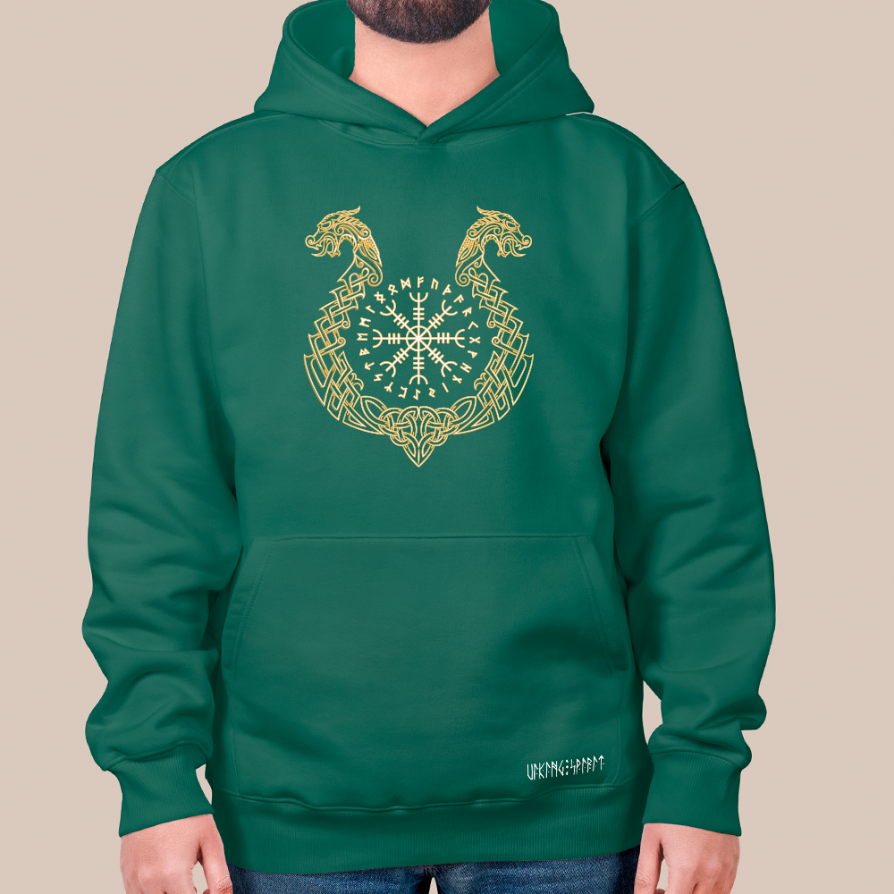 Viking Aegishjalmr Helm of Awe Hoodie, 550g Heavyweight Cotton Pullover with Dragon Celtic Knot, Unisex Kangaroo Pocket Sweatshirt, Viking Spirit Runes on Hem-Viking Spirit