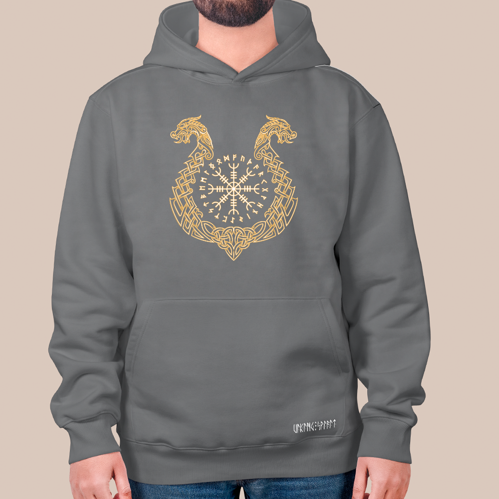 Viking Aegishjalmr Helm of Awe Hoodie, 550g Heavyweight Cotton Pullover with Dragon Celtic Knot, Unisex Kangaroo Pocket Sweatshirt, Viking Spirit Runes on Hem-Viking Spirit