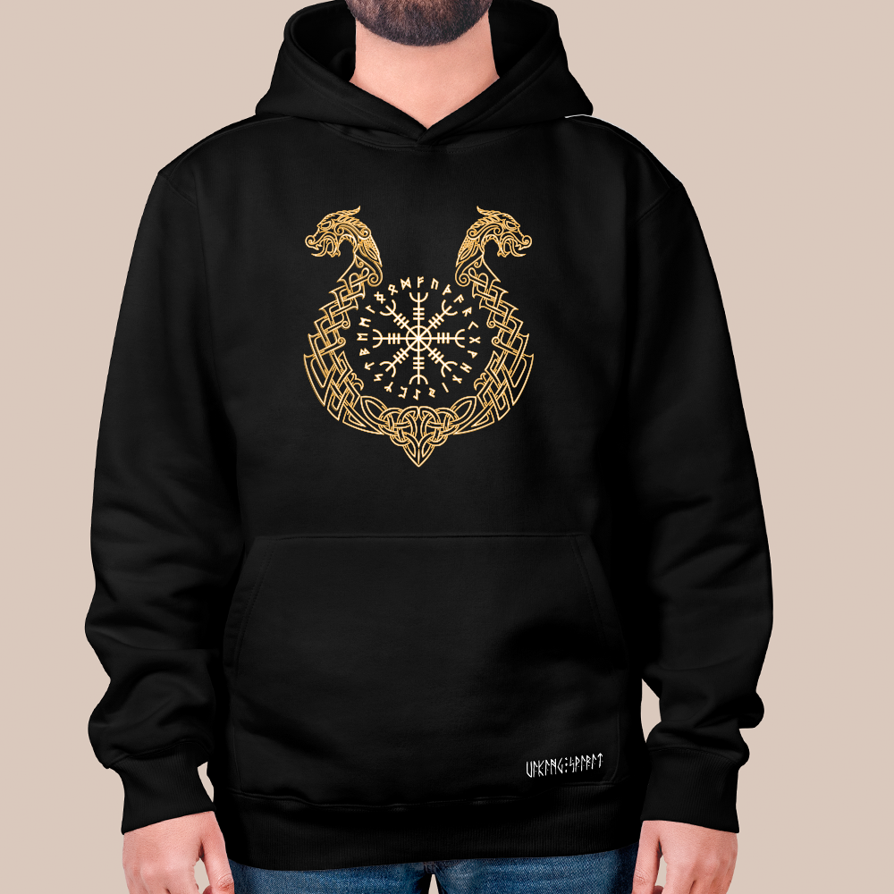 Viking Aegishjalmr Helm of Awe Hoodie, 550g Heavyweight Cotton Pullover with Dragon Celtic Knot, Unisex Kangaroo Pocket Sweatshirt, Viking Spirit Runes on Hem-Viking Spirit