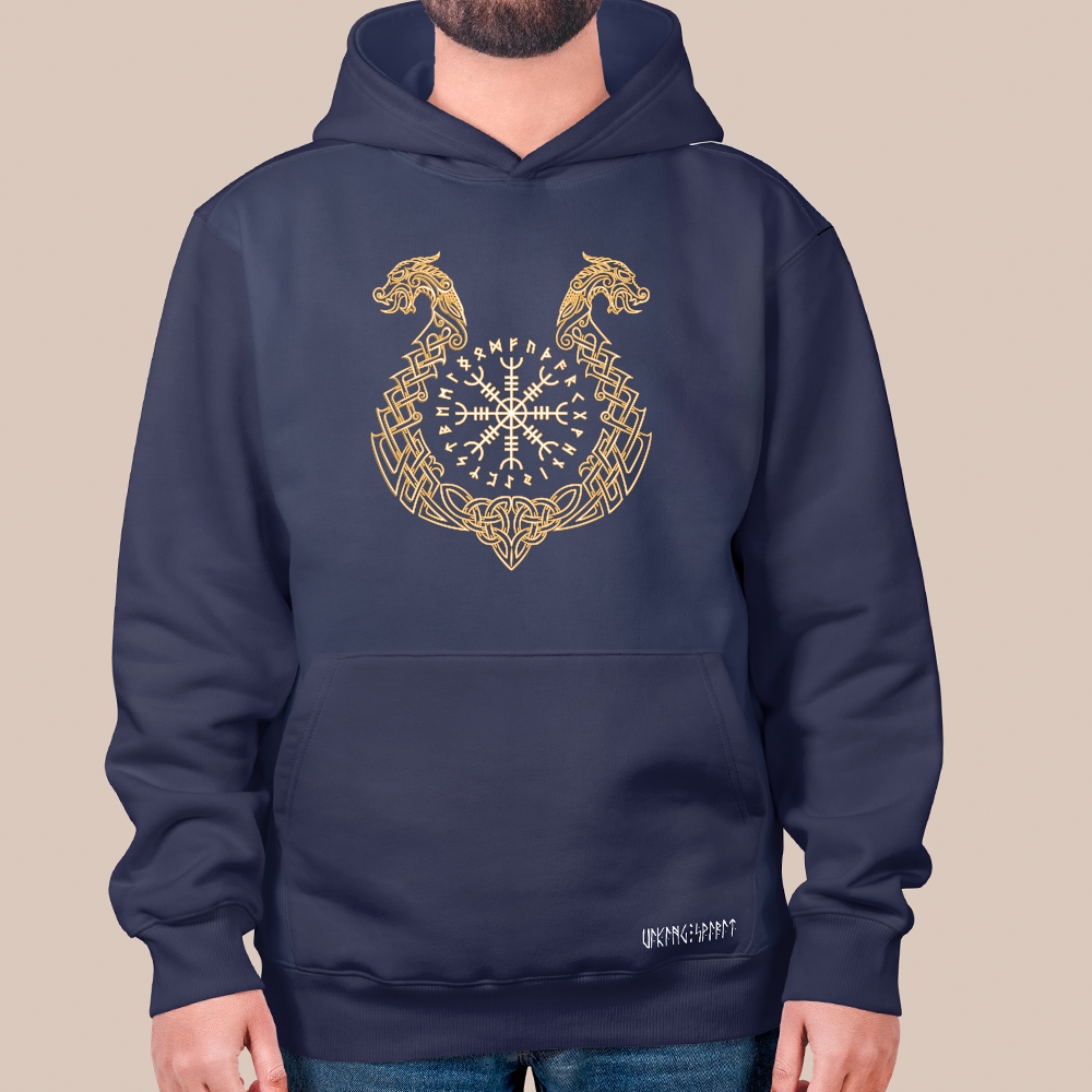 Viking Aegishjalmr Helm of Awe Hoodie, 550g Heavyweight Cotton Pullover with Dragon Celtic Knot, Unisex Kangaroo Pocket Sweatshirt, Viking Spirit Runes on Hem-Viking Spirit