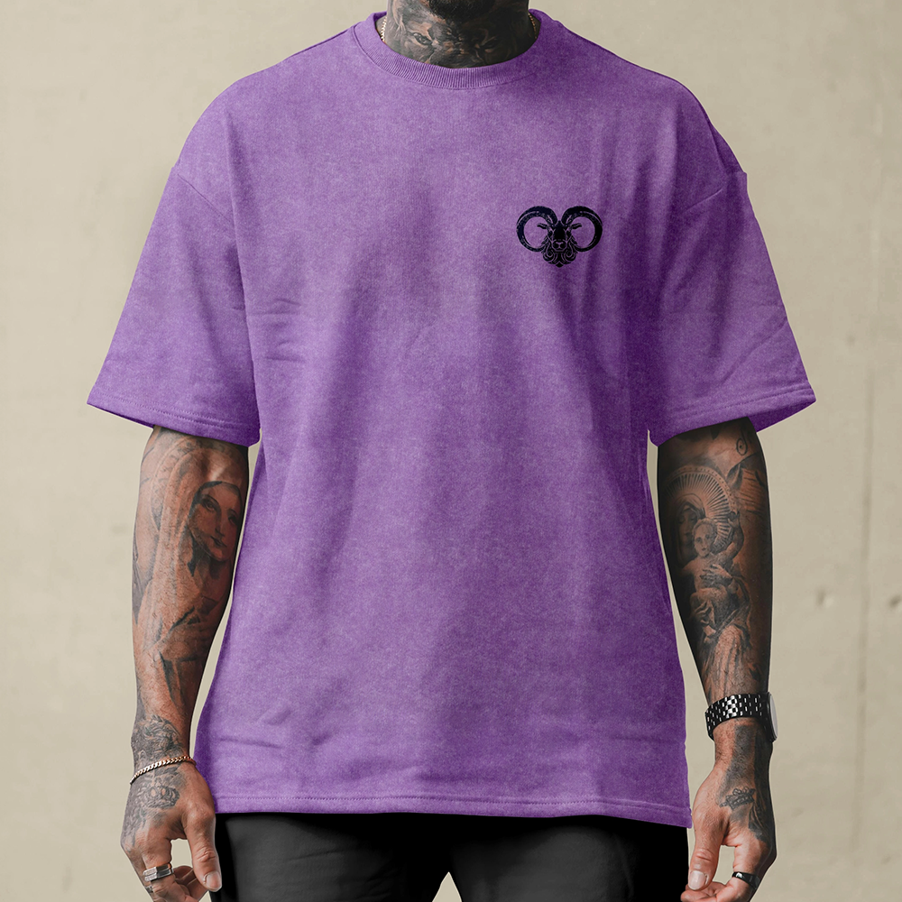 Aries Zodiac Vintage Washed Oversize T-Shirt, 230g Heavyweight Cotton Tee, Art Nouveau Ram & Zodiac Wheel Print Unisex Casual Short Sleeve Top-Viking Spirit