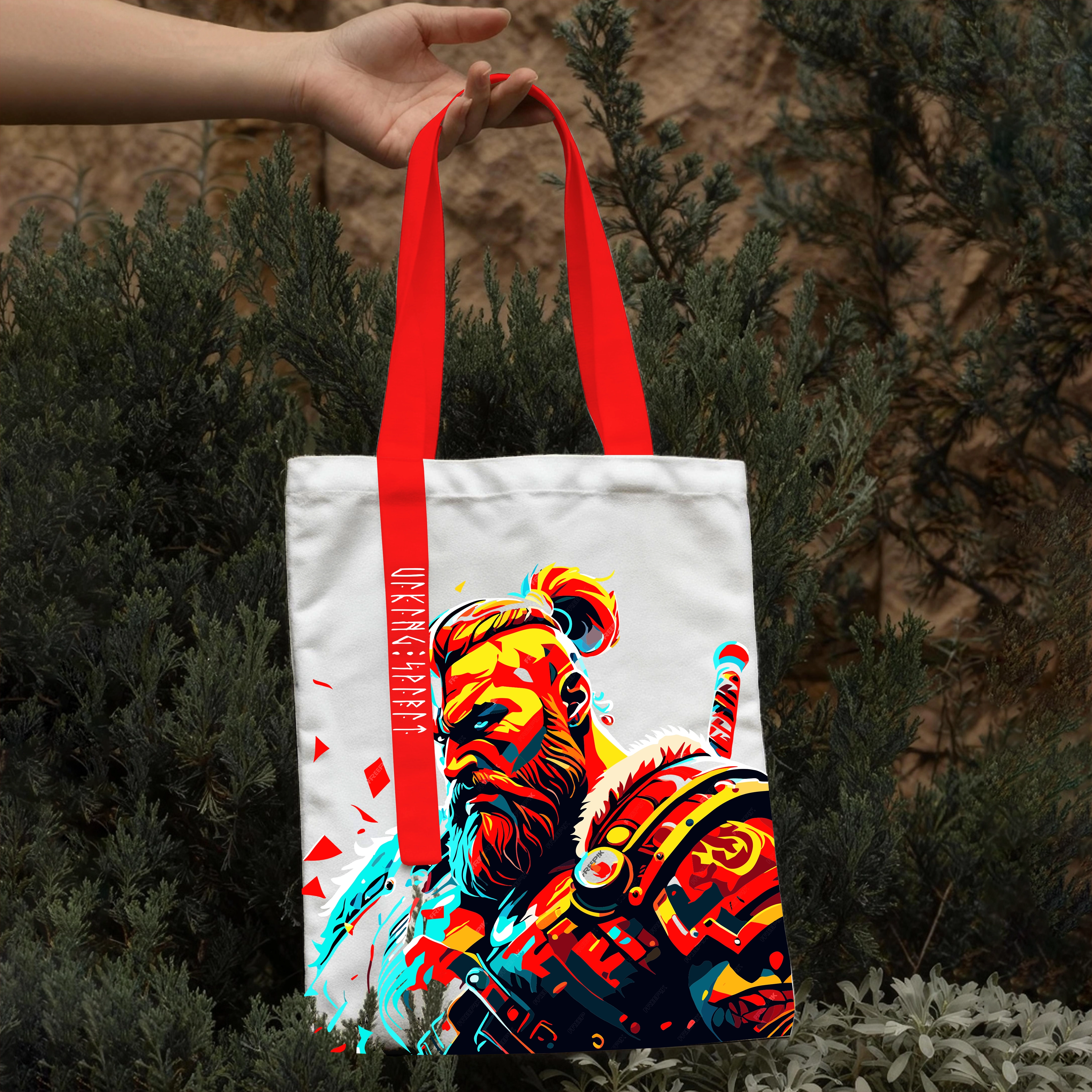 Pop‑Art Viking Berserker Cotton Canvas Tote Bag, Color‑Contrast Norse Warrior Rune Heat‑Transfer Shoulder Handbag-Viking Spirit