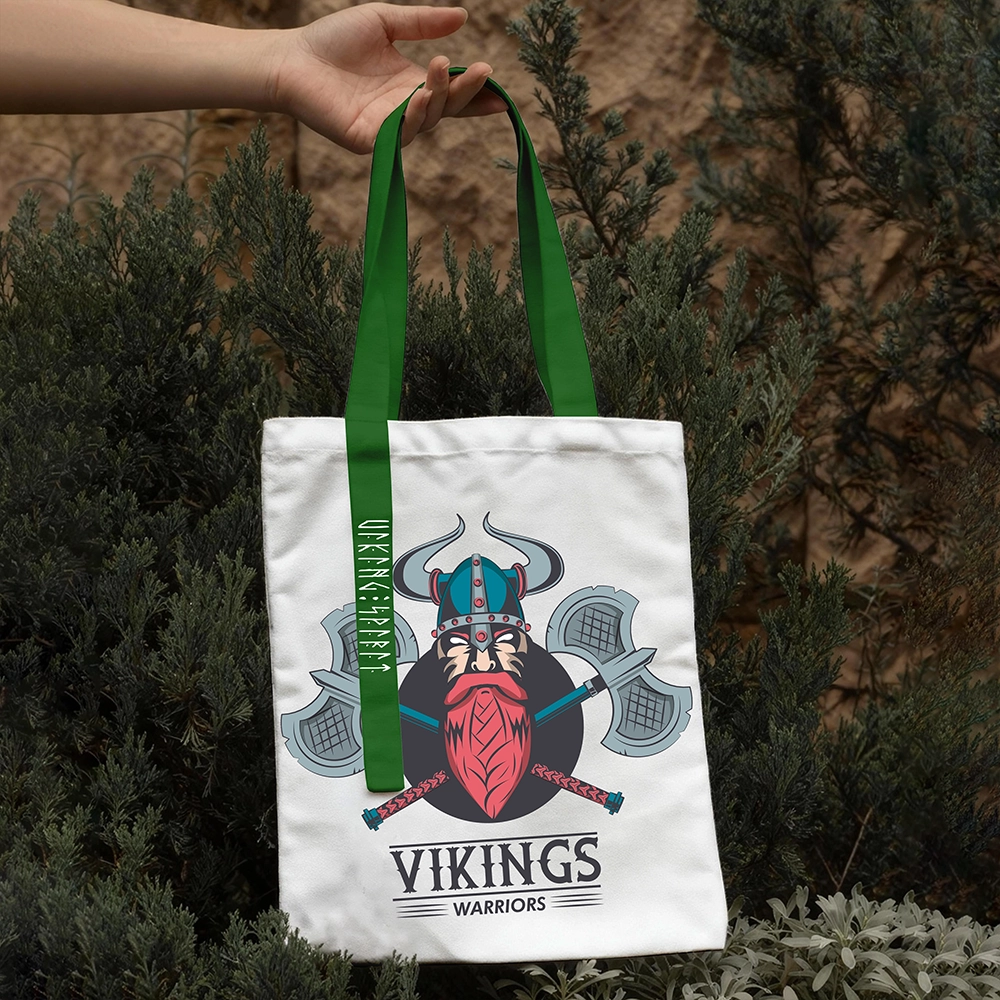 Double‑Axe Viking Warrior VIKINGS Logo Cotton Canvas Tote Bag, Norse Axe Fighter Rune Heat‑Transfer Shoulder Handbag-Viking Spirit