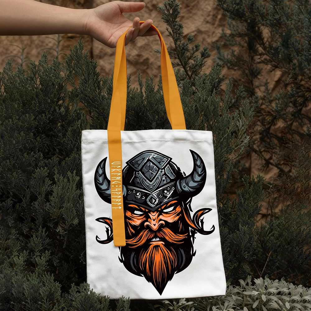 Horned Helmet Viking Chieftain Cotton Canvas Tote Bag, Norse Warrior Head Rune Heat‑Transfer Shoulder Handbag, Affordable Nordic Gift for Men Women All‑Ages-Viking Spirit