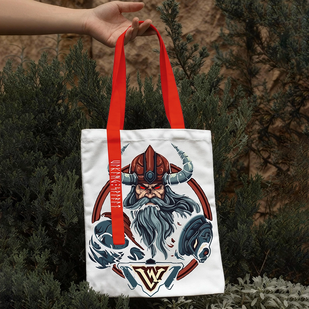 Red‑Helmet Red‑Eyes Viking Warrior God Cotton Canvas Tote Bag, Red‑Handle Norse Champion V‑Emblem Rune Heat‑Transfer Shoulder Handbag, Affordable Unisex Nordic Gift for All Ages for European Market-Viking Spirit