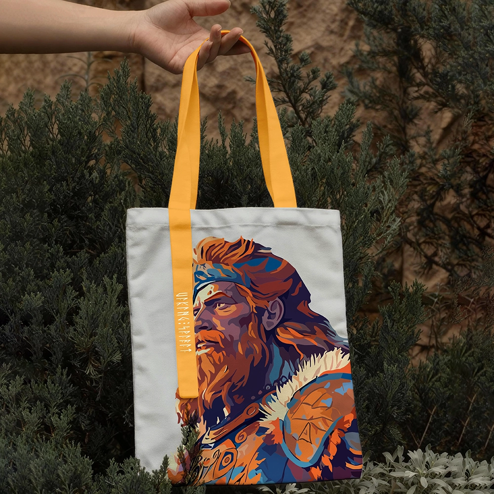 Art‑Block Illustration Profile Viking Leader Cotton Canvas Tote Bag, Orange‑Yellow Handle Norse Figure Rune Heat‑Transfer Shoulder Handbag, Affordable Unisex Nordic Gift for All Ages for European Market-Viking Spirit