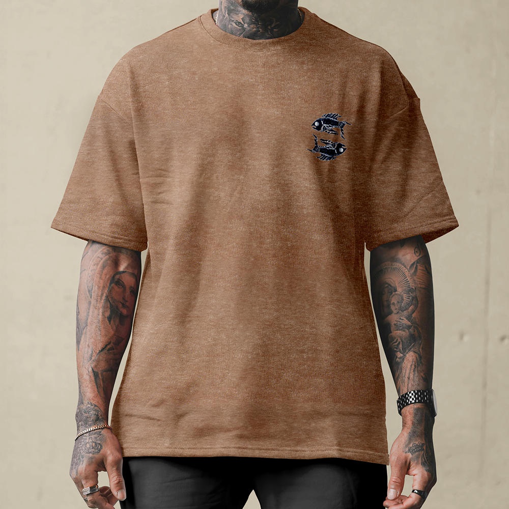 Pisces Viking Astrology Vintage Oversized T-Shirt, 230g Heavy Cotton Tee, Art Nouveau Zodiac Wheel Twin Fish Totem Unisex Multi-color Short Sleeve-Viking Spirit
