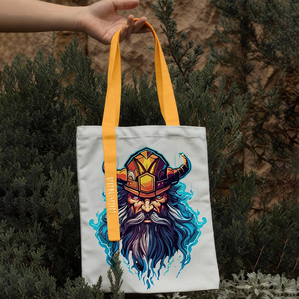 Blue‑Flame Effect Horned Helmet Viking Chieftain Cotton Canvas Tote Bag, Orange‑Yellow Handle Norse War God Rune Heat‑Transfer Shoulder Handbag, Affordable Unisex Nordic Gift for All Ages for European Market-Viking Spirit