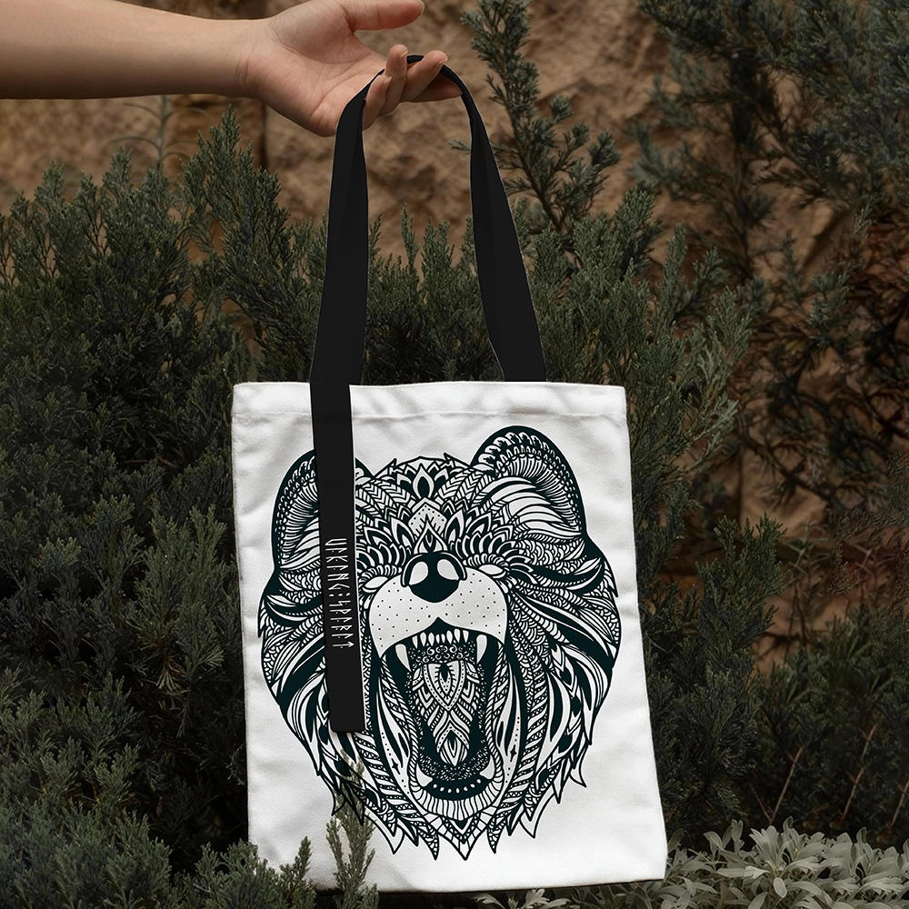 Norse Mythology Giant Bear 100% Cotton Canvas Tote Bag—Black Handles, Viking Rune Heat-Transferred Print, Handheld or Shoulder Bag—European-Style, Great Value, Unisex Cultural and Creative Shopping Bag-Viking Spirit
