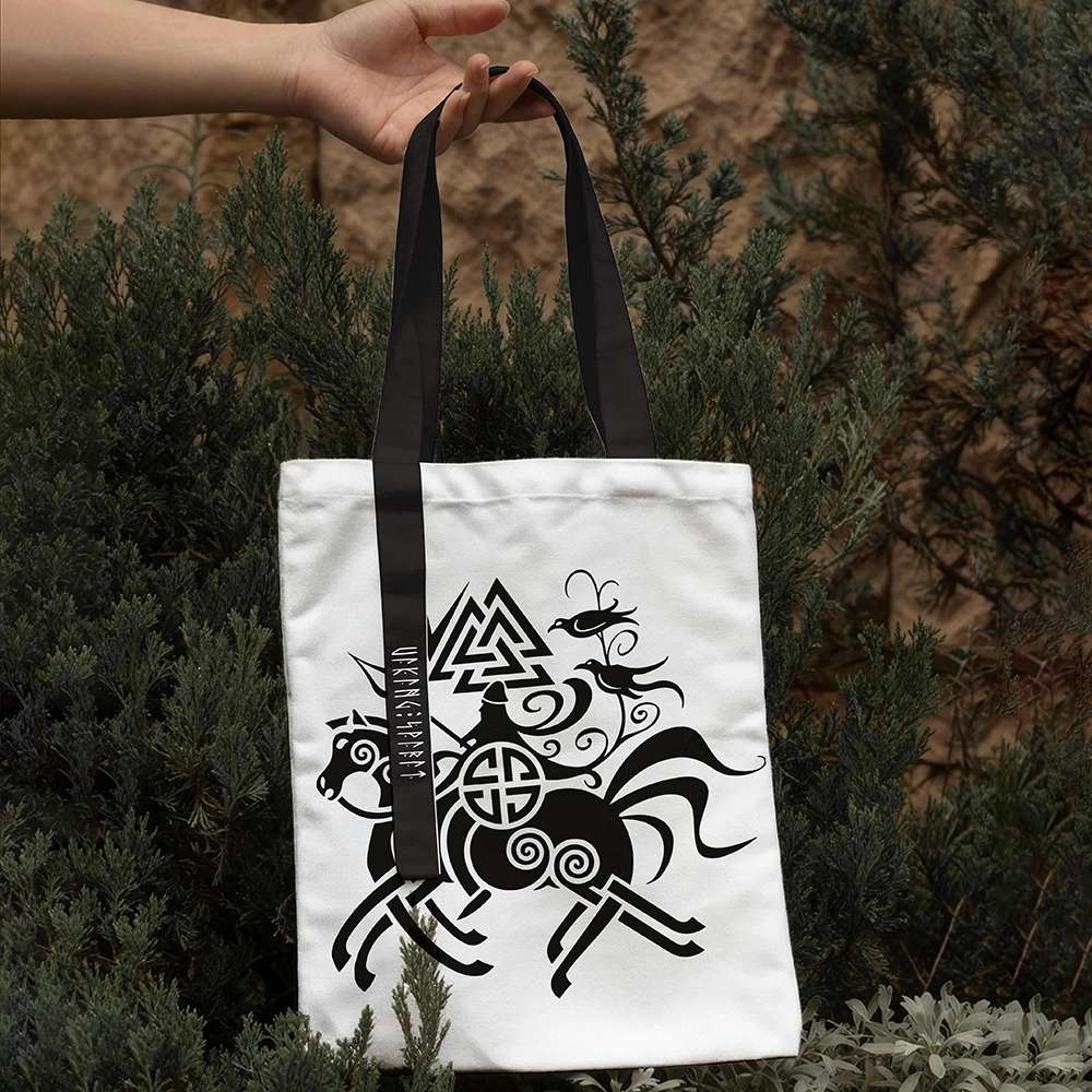 Norse Mythology Odin's Eight‑Legged Horse Sleipnir & Valknut Symbol Cotton Canvas Tote Bag, Black‑Handle Viking Rune Heat‑Transfer Shoulder Handbag, Affordable Unisex Nordic Gift for All Ages for European Market-Viking Spirit
