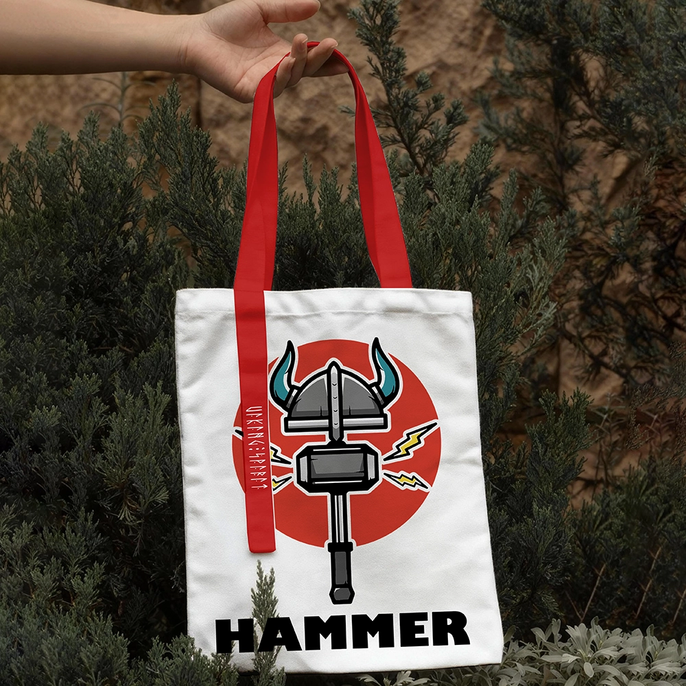 Cartoon Thor's Hammer Mjölnir Horned Helmet Cotton Canvas Tote Bag, Red‑Handle Viking Lightning Rune Heat‑Transfer Shoulder Handbag, Affordable Unisex Nordic Gift for All Ages for European Market-Viking Spirit