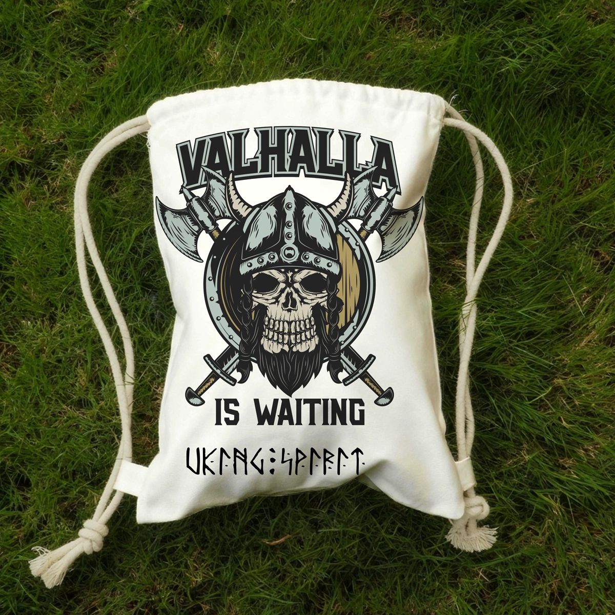 Valhalla Viking Skull Warrior Cotton Canvas Drawstring Bag, Norse Rune Heat‑Transfer Sack Backpack