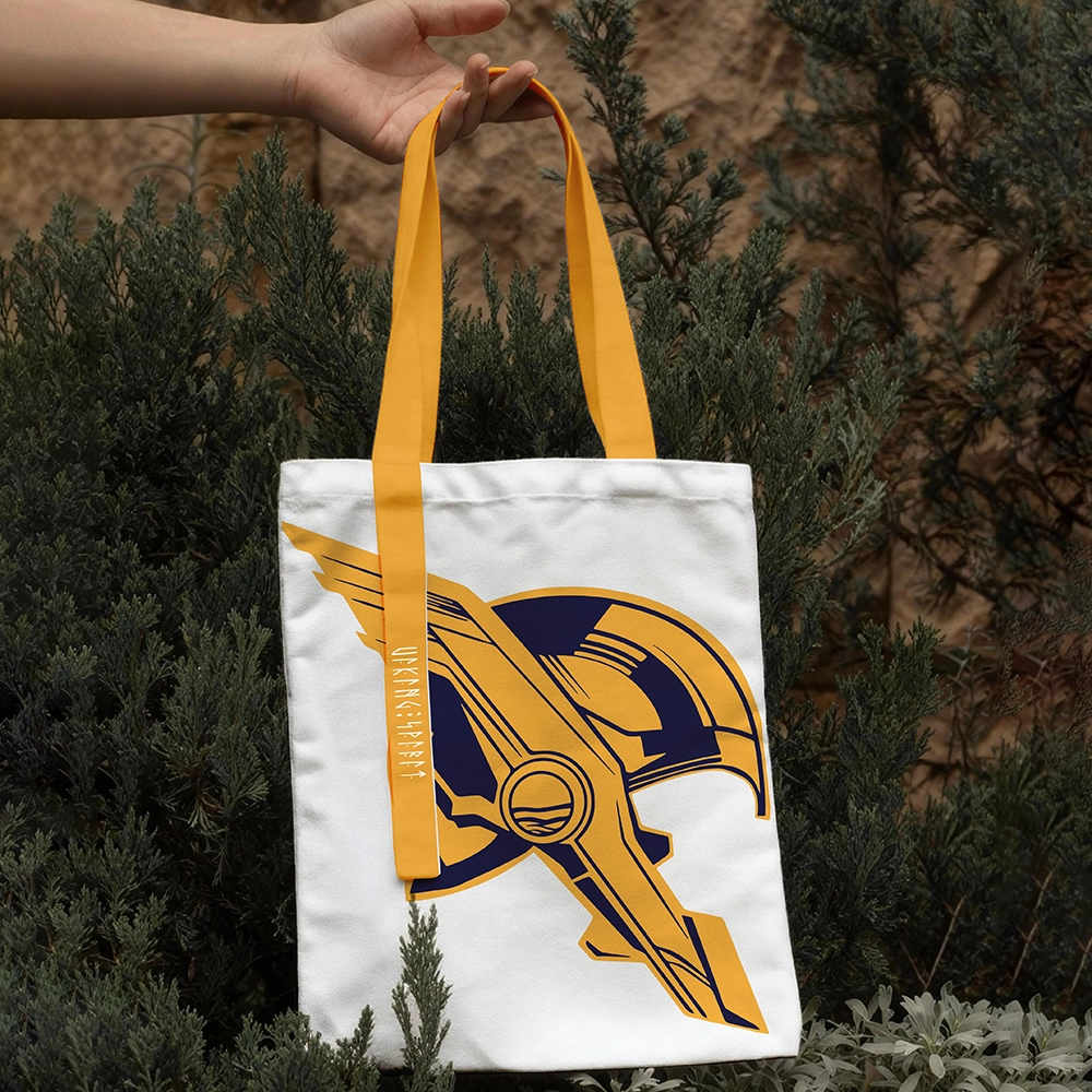 Yellow‑Blue Geometric Contrast Viking Axe & Helmet Cotton Canvas Tote Bag, Orange‑Yellow Handle Norse Warrior Rune Heat‑Transfer Shoulder Handbag, Affordable Unisex Nordic Gift for All Ages for European Market-Viking Spirit