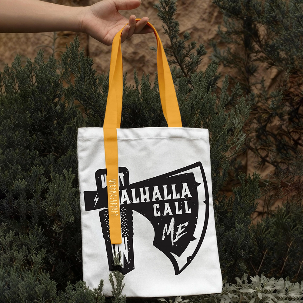 Valhalla Call Me Distressed Viking Axe Cotton Canvas Tote Bag, Orange‑Yellow Handle Norse Rune Heat‑Transfer Shoulder Handbag, Affordable Unisex Nordic Gift for All Ages for European Market-Viking Spirit