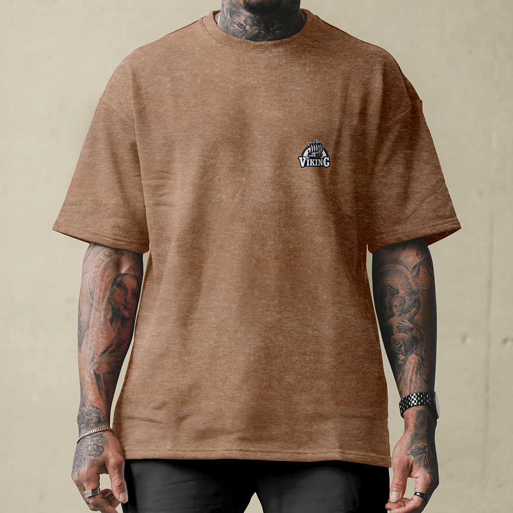Viking Longship Chieftain Double-sided Printed Vintage Oversized T-Shirt, 230g Heavy Cotton Tee, Norse Drakkar Totem Unisex Multi-color Short Sleeve-Viking Spirit