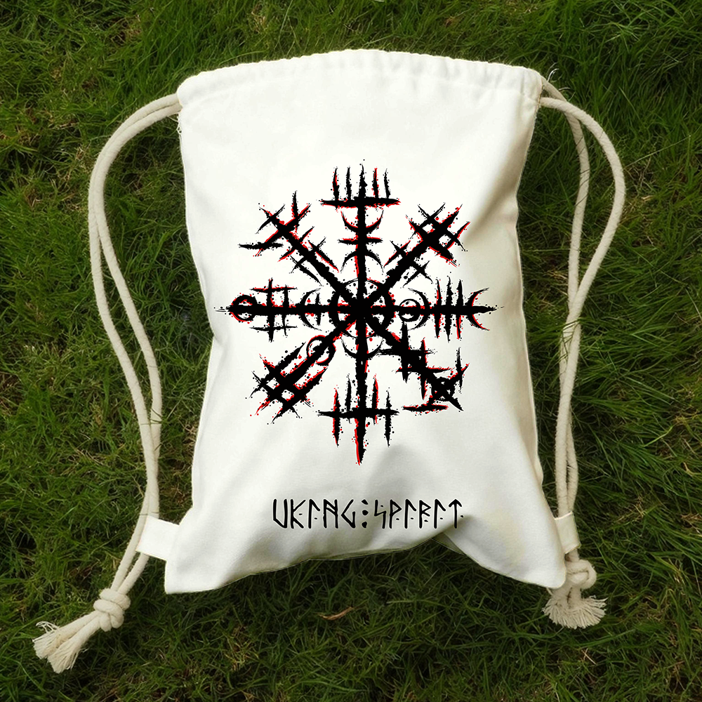 Black‑Red Distressed Aegishjalmur Helm of Awe Cotton Canvas Drawstring Backpack, Viking Power Talisman Norse Rune Heat‑Transfer Gym Sack Bag, Affordable Unisex Nordic Storage Sack for All Ages for European Market-Viking Spirit