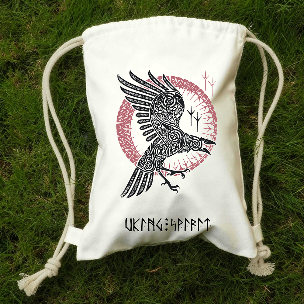 Odin's Raven Celtic Knot Cotton Canvas Drawstring Backpack, Wine‑Red Rune Circle Heat‑Transfer Gym Sack Bag, Affordable Unisex Nordic Storage Sack for All Ages for European Market-Viking Spirit