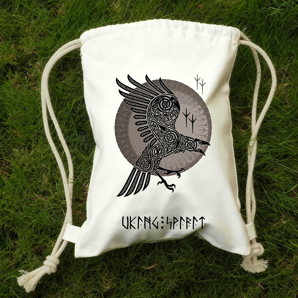 Grey‑Tone Vintage Odin's Raven Celtic Knot Cotton Canvas Drawstring Backpack, Shield‑Background Norse Rune Heat‑Transfer Gym Sack Bag, Affordable Unisex Nordic Storage Sack for All Ages for European Market-Viking Spirit