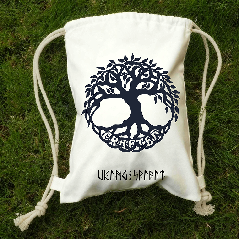 Yggdrasil Tree of Life Cotton Canvas Drawstring Backpack, Celtic Letter Heat‑Transfer Gym Sack Bag, Affordable Unisex Nordic Storage Sack for All Ages for European Market-Viking Spirit