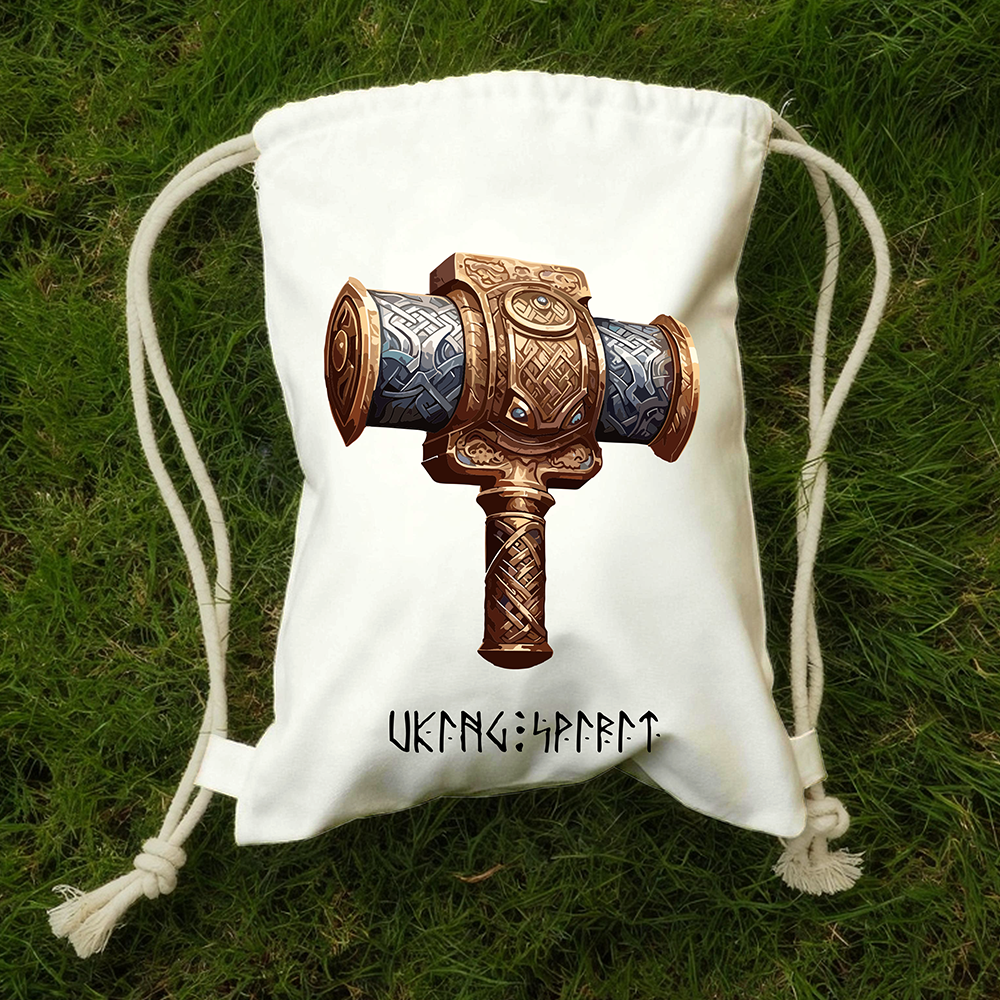 Mjölnir Thor's Hammer Vintage Carved Cotton Canvas Drawstring Backpack, Norse God Thor Heat‑Transfer Gym Sack Bag, Affordable Unisex Nordic Storage Sack for All Ages for European Market-Viking Spirit