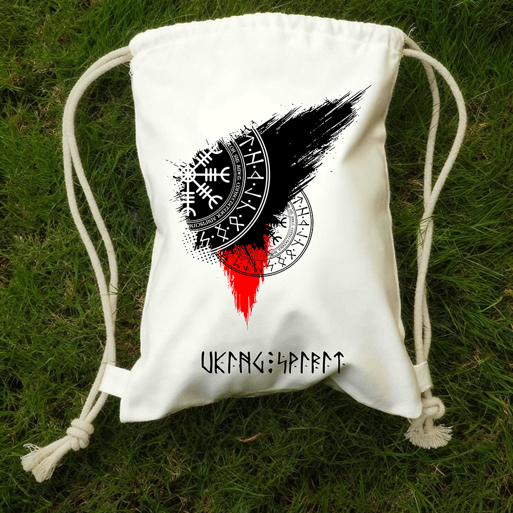 Vegvisir Viking Compass Black‑Red Brush‑Stroke Cotton Canvas Drawstring Backpack, Norse Rune Symbol Heat‑Transfer Gym Sack Bag, Affordable Unisex Nordic Storage Sack for All Ages for European Market-Viking Spirit