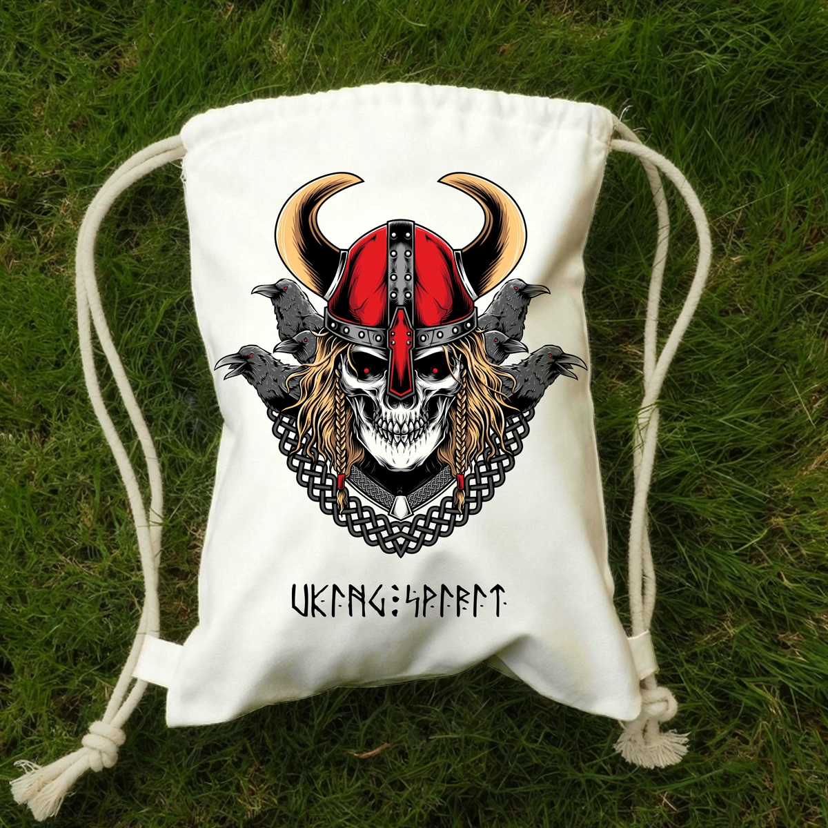 Viking Odin Raven Skull Cotton Canvas Drawstring Bag, Celtic Knot Norse Rune Heat‑Transfer Sack Backpack-Viking Spirit