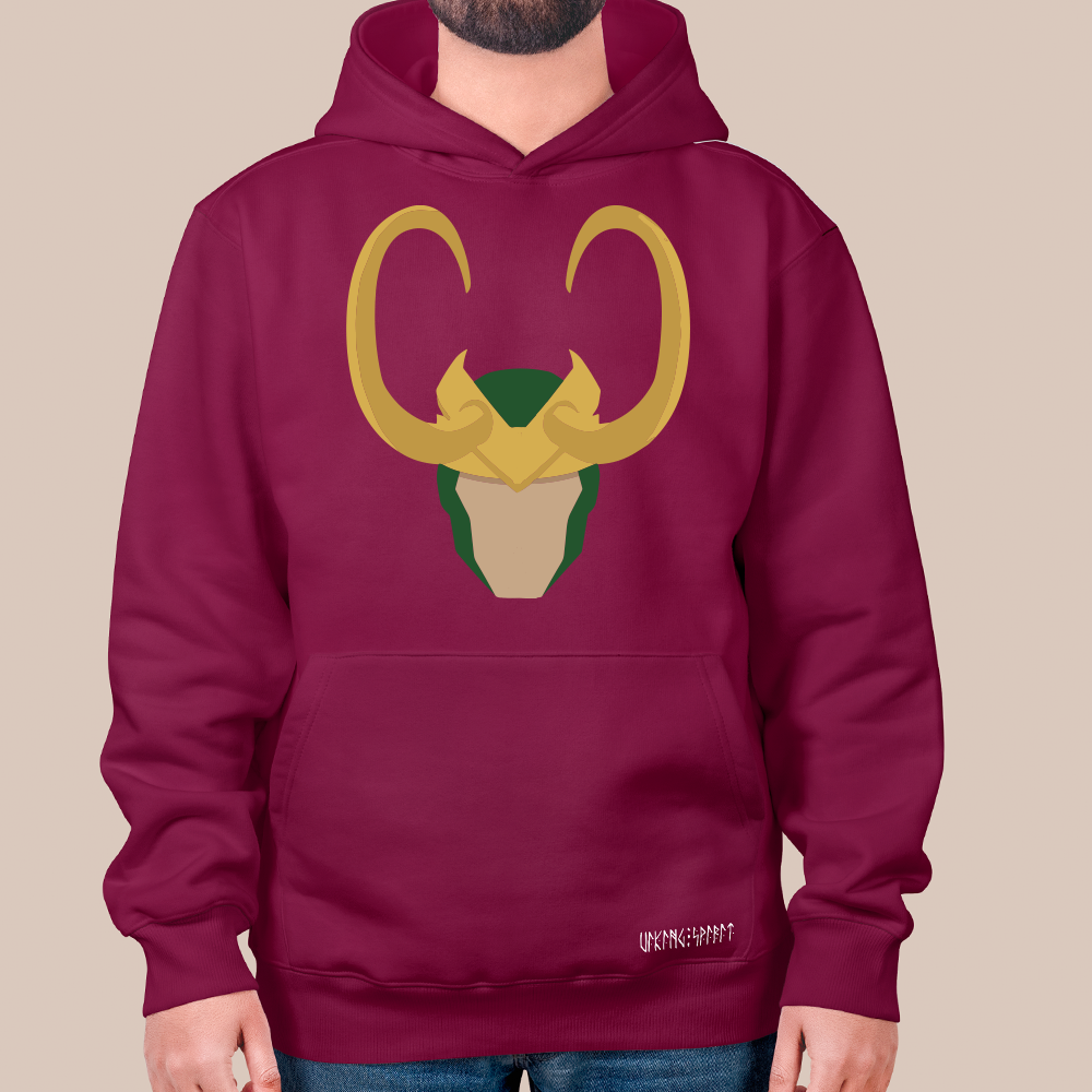 Norse Mythology Loki Horned Helmet 550g Heavyweight Cotton Hoodie, Flat Illustration Pullover with Kangaroo Pocket, Unisex All-Ages Sweatshirt, Viking Spirit Runes on Hem