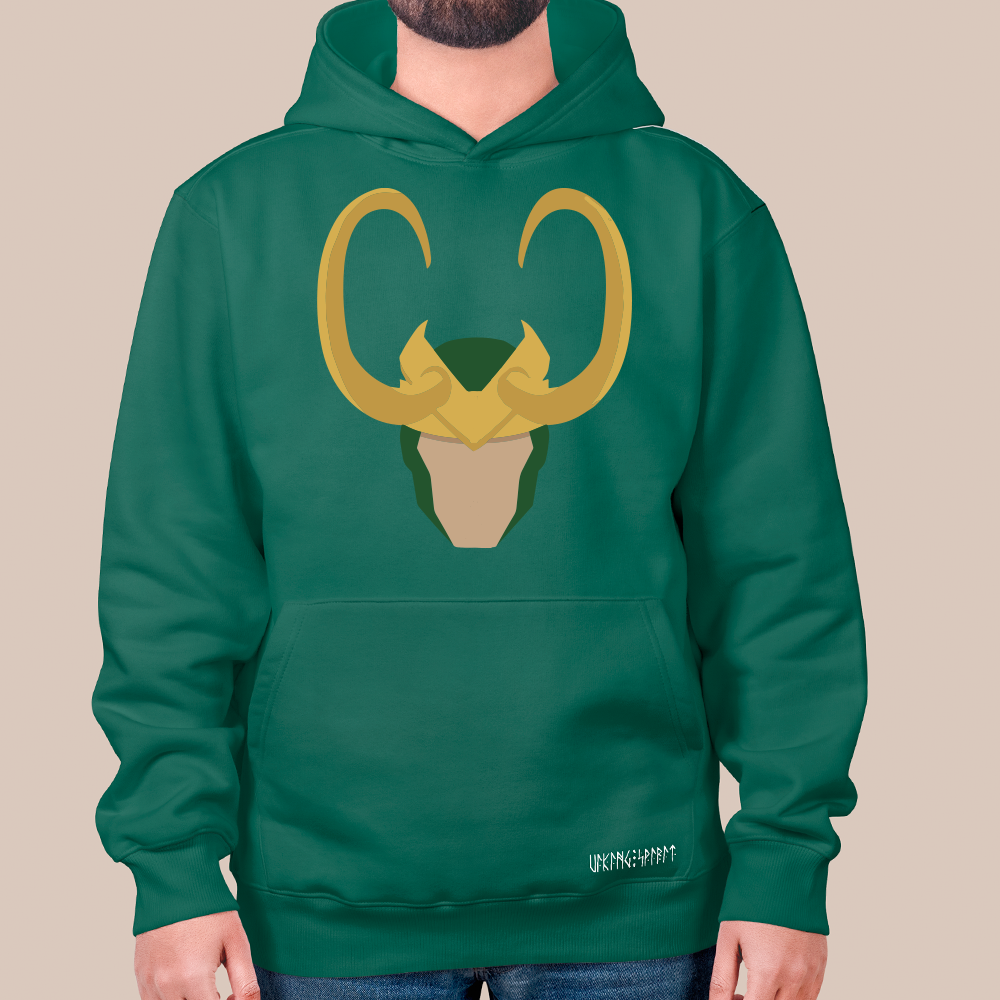Norse Mythology Loki Horned Helmet 550g Heavyweight Cotton Hoodie, Flat Illustration Pullover with Kangaroo Pocket, Unisex All-Ages Sweatshirt, Viking Spirit Runes on Hem