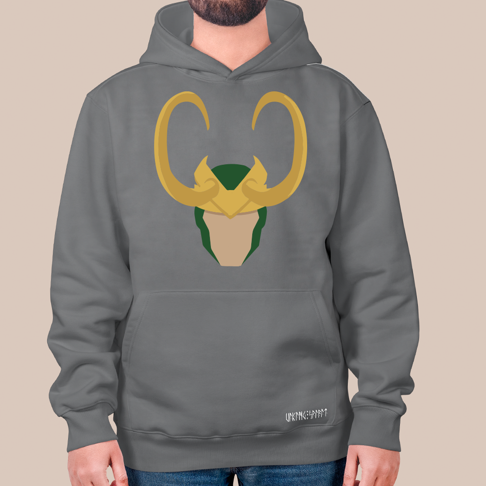 Norse Mythology Loki Horned Helmet 550g Heavyweight Cotton Hoodie, Flat Illustration Pullover with Kangaroo Pocket, Unisex All-Ages Sweatshirt, Viking Spirit Runes on Hem